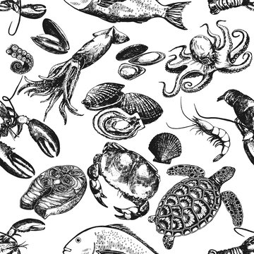 Seamless pattern of hand drawn sketch style seafood. Vector illustration isolated on white background.
