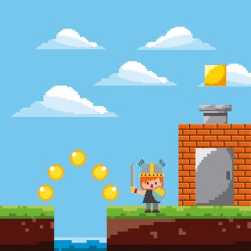 pixel game platform level warrior door coins vector illustration