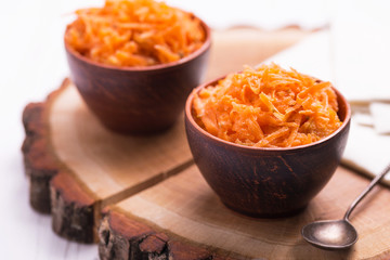 Indian carrot Gajar halwa. Copyspace, horizontal view.