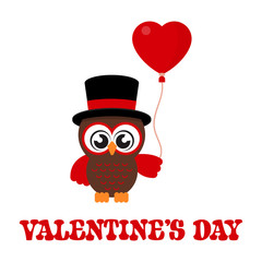 cartoon cute owl in hat and with balloons and text