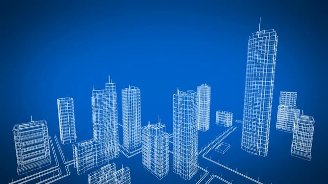Flying Over the Growing City. Beautiful 3d Blueprint of Contemporary Buildings. Blue color 3d animation. Construction and Technology Concept. 4k Ultra HD 3840x2160.