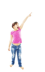 Surprised little girl pointing with finger. Isolated on white background 