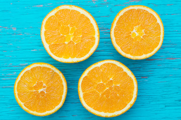 Orange. Glass of orange juice from above on wood table. Empty ready for your orange juice, fruit product display or montage.