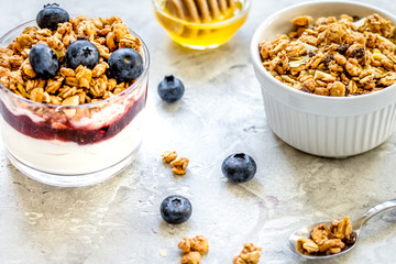 Healthy breakfast from yoghurt with muesli and berries on kitche