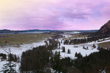 Veduta panoramica dal castello di Neuschwanstein al tramonto