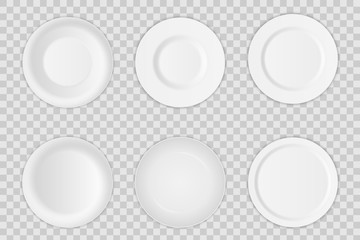 Creative vector illustration set of 3D white round realistic plate dish isolated on transparent background. Art design porcelain soup empty utensil, bowl. Abstract concept graphic dishware element