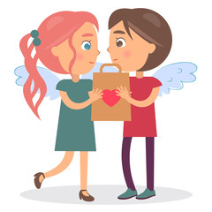 Boy Going to Present Gift Box Heart Sign to Girl