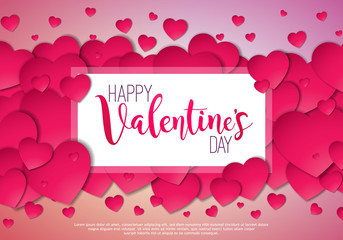 Happy Valentines Day Design with Red Heart on Shiny Pink Background. Vector Wedding and Love Theme Illustration for Greeting Card, Party Invitation or Promo Banner.