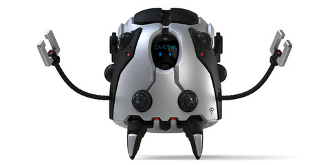 Futuristic robot cleaner for house. Science fiction robot assistant with touch screen. 3d rendering of the modern robot assistant on a white background. © roman3d