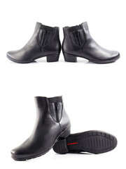 female black leather boot on white background, isolated product, comfortable footwear.