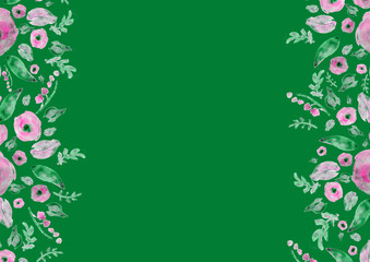 Painted watercolor composition with flowers and leaves. Frame of roses. Floral border. Can be used as invitation card for wedding, birthday, other holiday, summer background, poster, banner.