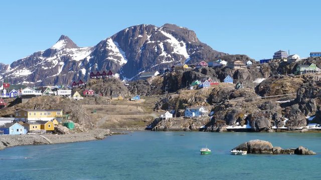 Picturesque Greenlandic town, colorful houses sunny summer day, Sisimiut Greenland.mov
