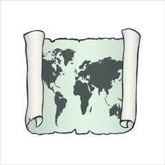Sheet of parchment paper with world map on aquamarine background.