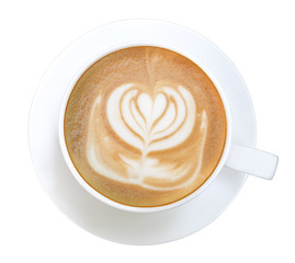 Top view of hot coffee cappuccino latte art isolated on white background, clipping path included