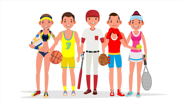 Summer Sports Vector. Set Of Players In Boxing, Basketball, Volleyball, Baseball. Isolated On White Flat Cartoon Illustration
