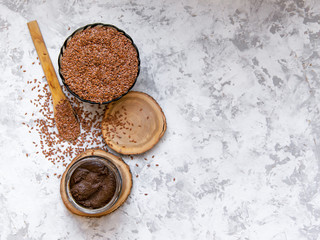Flaxseed urbech - raw vegan diet. Traditional Dagestani paste. Superfood concept,