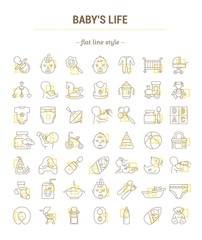 Vector graphic set. Icons in flat, contour, thin, minimal and linear design. Child life accessories. Baby care. Concept illustration for Web site, app. Sign, symbol, element, silhouette.