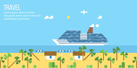 Tropical island. Bungalows on the island. Vector background. Cruise ship on the beach background.