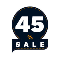 Discount 45%. Flat design. Percentage discount and the inscription is for sale, white inscription on the background of a dark circle sewn sewing line. Vector illustration.