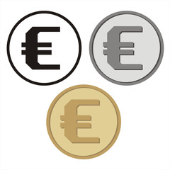 Set of isolated coins with the symbol of the Euro. Vector collection of symbol of the Euro: black, silver and gold.