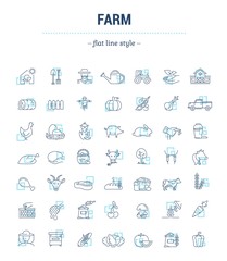 Vector graphic set. Icons in flat, contour, thin, minimal and linear design. Farm and agriculture. Farm life and husbandry tools. Concept illustration for Web site. Sign, symbol, element.