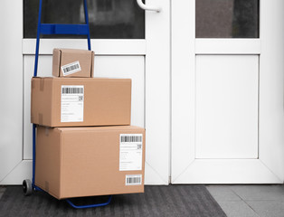 Fototapeta premium Postal cart with delivered parcels near front door