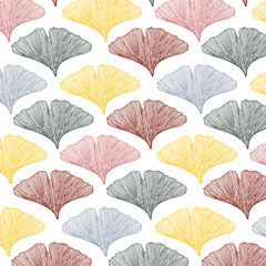 Hand drawn ginkgo leaves vector pattern in a pink, red, yellow and gray color palette