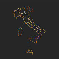 Naklejka premium Italy region map: golden gradient outline on dark background. Detailed map of Italy regions. Vector illustration.