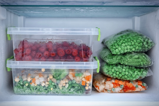 Freezer with different products, closeup
