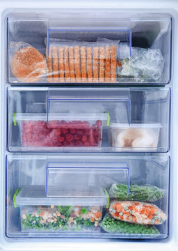 Different products in refrigerator freezer