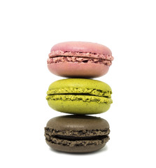 three multicolored macaroon isolated on a white background