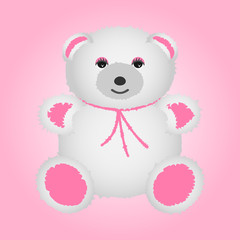 White teddy bear with pink paws. Vector soft toy.