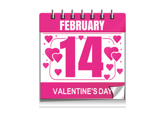 Valentines Day calendar. Pink calendar with hearts and festive date of 14th February. Vector illustration isolated on white background