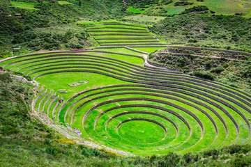 Unique Inca circular terraces at Moray (Ancient agricultural experiment station) - Peru, Latin America - obrazy, fototapety, plakaty