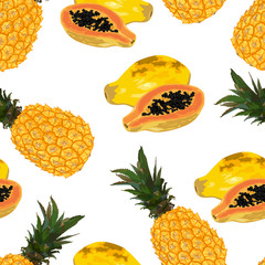 Sweet yellow pineapple and papaya. Seamless pattern.