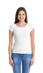 Young woman in t-shirt on white background. Mockup for design