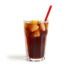 Cold cola in glass on white background