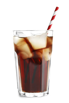 Cold cola in glass on white background