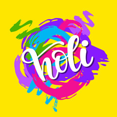Happy Holi poster with hand written modern calligraphy and doodle hearts