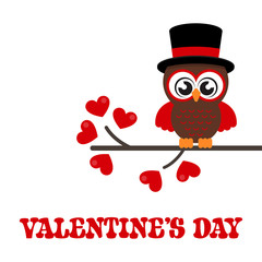 cartoon cute lovely owl in hat on the branch with text