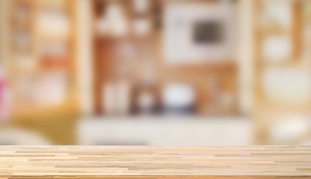 Wooden worktop on blur background