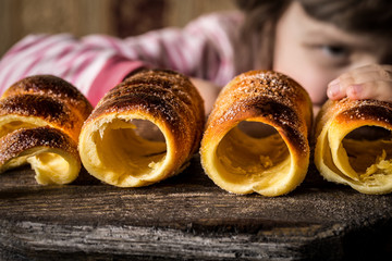 Hungarian traditional twisted loaf kurtas, pastries cooked on the coals