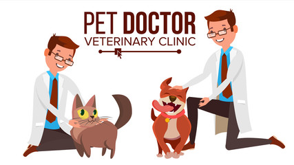 Veterinarian Male Vector. Dog And Cat. Clinic For Animals. Pet Doctor. Treatment For Wild, Domestic Animals. Isolated Flat Cartoon Illustration