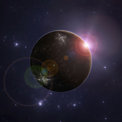 Fototapeta na wymiar Unknown alien planet in deep space, scifi 3D illustration