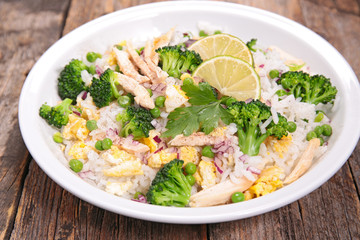 rice with egg,broccolis and pea