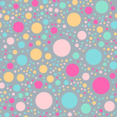 Colorful polka dots seamless pattern on bright 3 background. Amazing classic colorful polka dots textile pattern. Seamless scattered confetti fall chaotic decor. Abstract vector illustration.