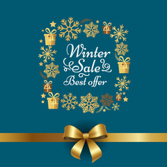 Winter Sale Best Offer Poster with Gift Bow Vector