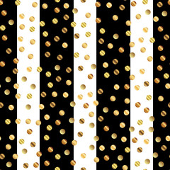 Golden dots seamless pattern on black and white striped background. Enchanting gradient golden dots endless random scattered confetti on black and white striped background.