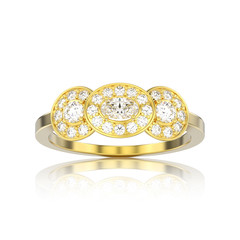 3D illustration isolated yellow gold three stone solitaire engagement ring with reflection