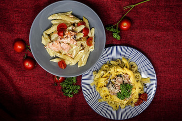 tasty pasta with salmon on a the table